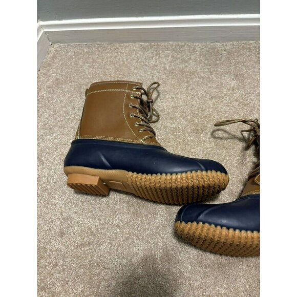 Khombu Letty Brown Blue Leather Rubber Lace Duck Boots Womens Size 8M EUC - Picture 6 of 8